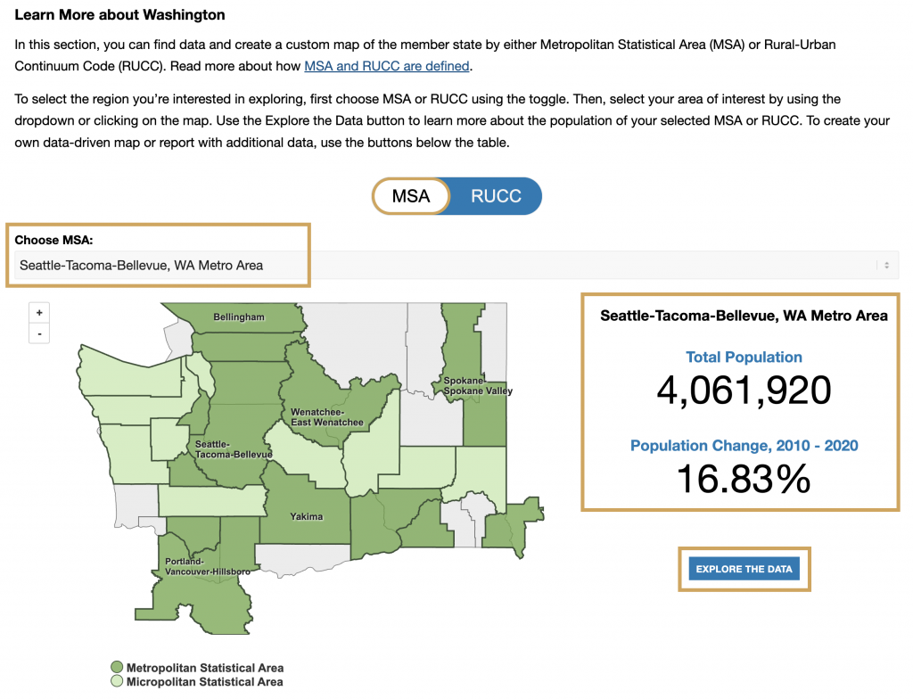 Map of Washington highlighting Seattle-Tacome-Bellvue MSA, population data, and Explore the Data button