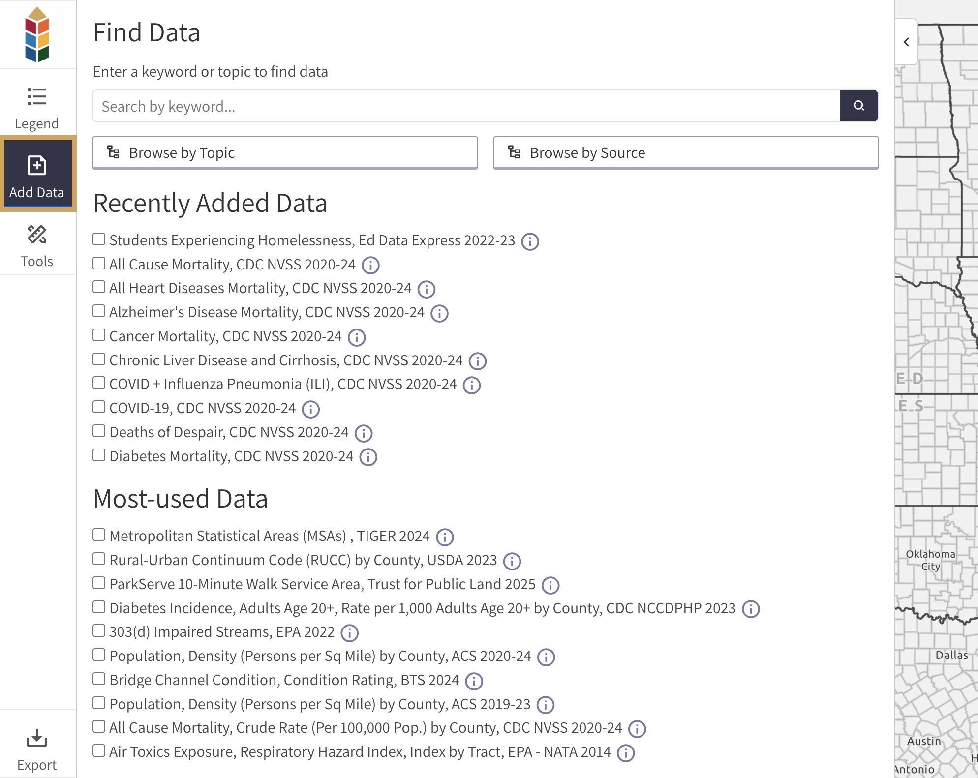 Map room with box highlighting Add Data button