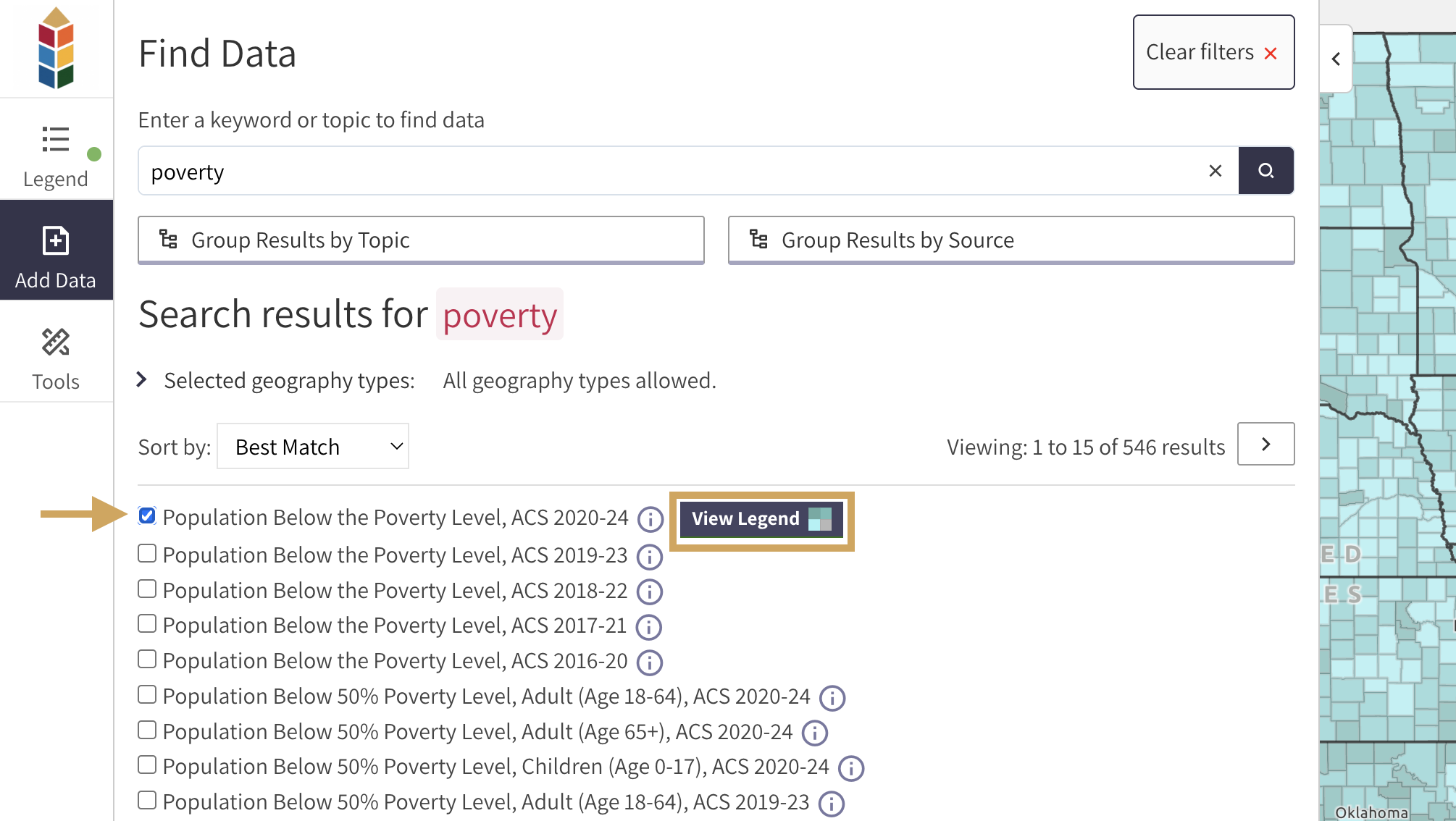 Map room highlighting data checkbox and search options