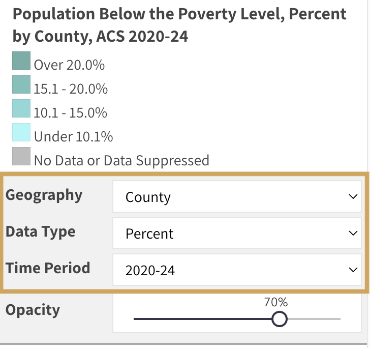 Box highlighting geography, data type, and time period options for the Population below the poverty level layer