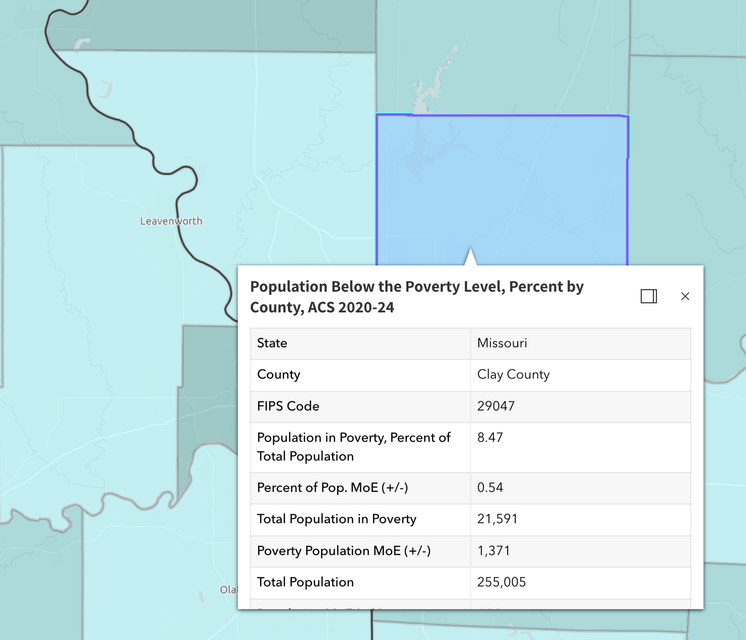 Pop up showing more data information for Clay County, MO