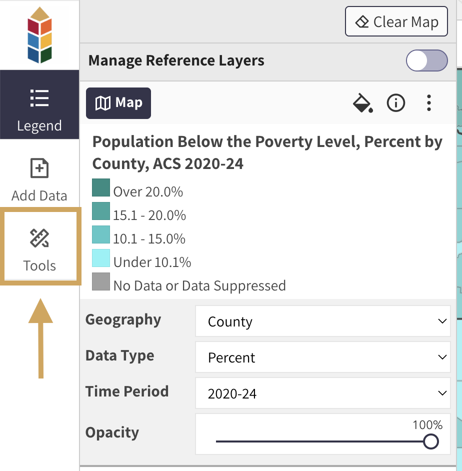 Map Room interface with arrow highlighting Tools button