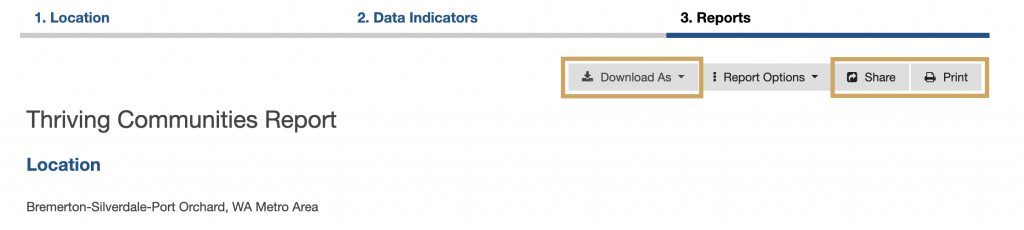 Highlight of download, share, and print buttons on Report