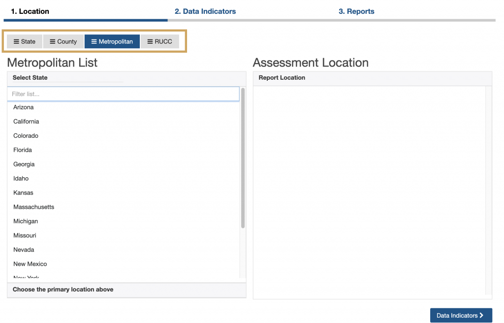 Report interface with box around location options of state, county, MSA, and RUCC