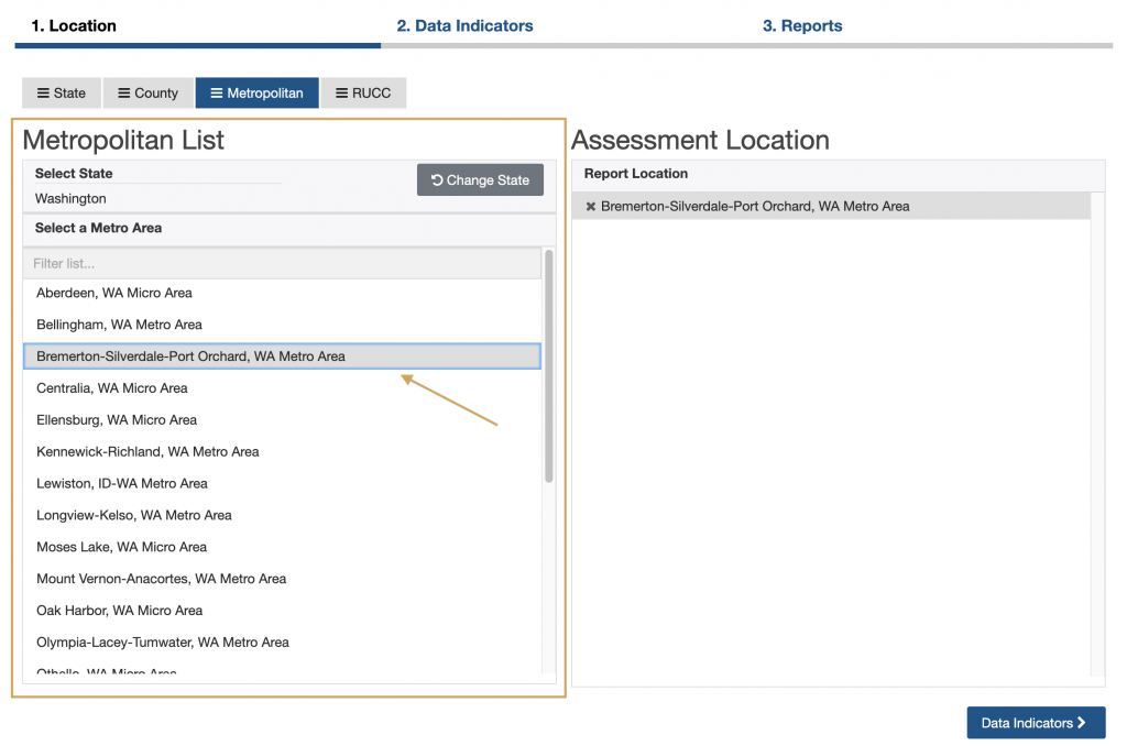 Report interface with metropolitan list in Washington highlighted and an arrow pointing to Bremerton - Silverdale - Port Orchard MSA