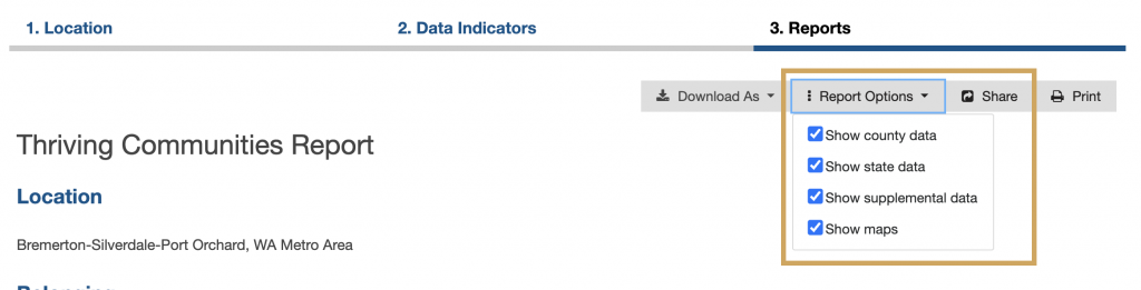 Box highlighting report options including show county data, show state data, show supplemental data, and show maps